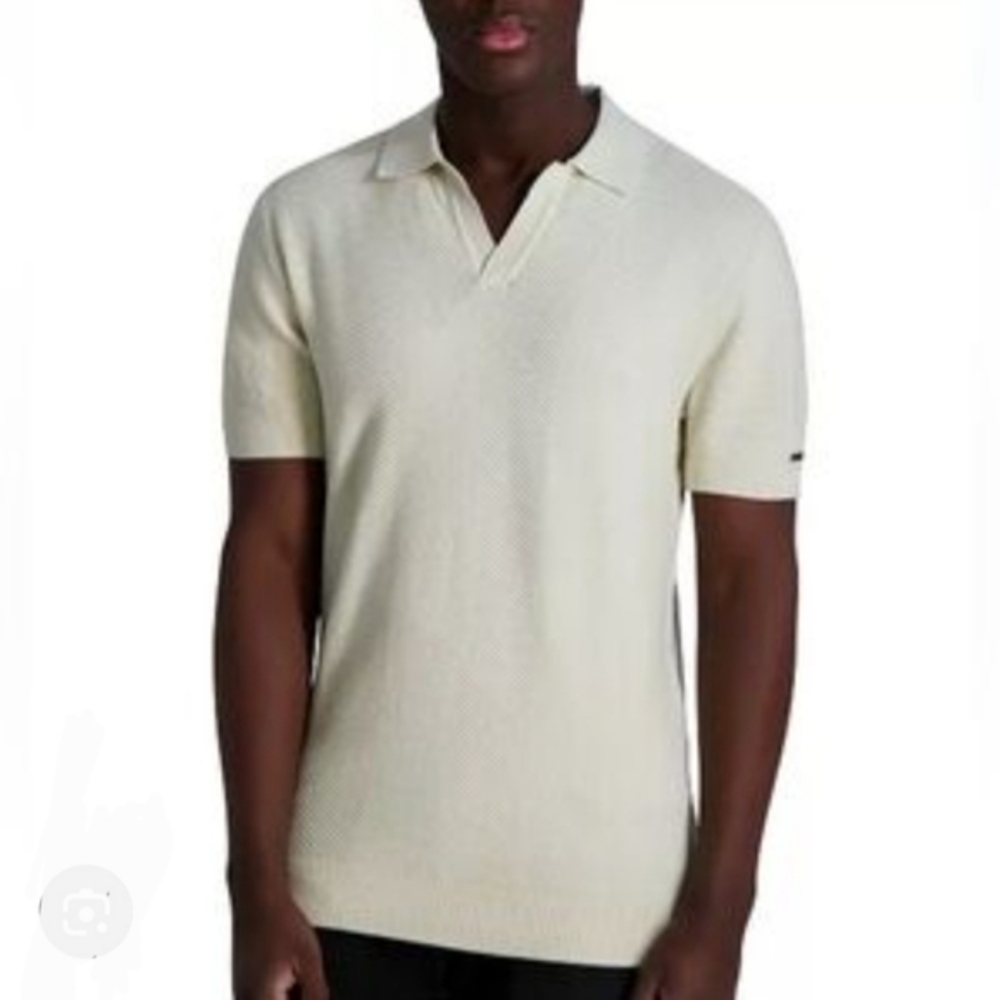 KARL LAGERFELD Chevron Textured Johnny Collar Polo Vneck SS Sweater Size Large